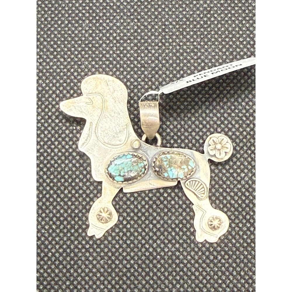 Vintage Sterling Silver Blue Moon Turquoise Poodle Dog Pendant Charm 925